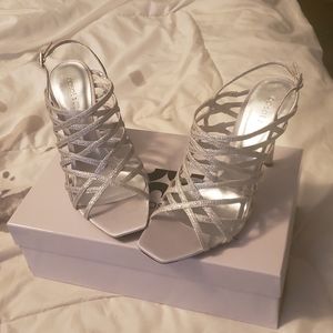 Women's strappy silver dress shoes 4" heels